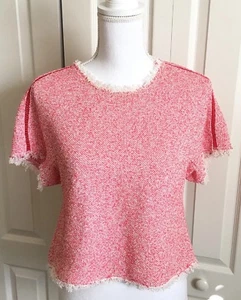 Rebecca Taylor Tweed Crop Top Size 2 Coral Pink White Short Sleeve Frayed Hem - Picture 1 of 11
