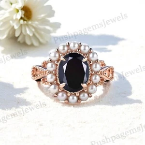 925 Sterling Silver 8x6 mm Oval Shape Lab Created Onyx Ring Pearl Halo Ring - Picture 1 of 6
