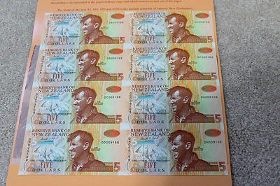 New Zealand UNCUT Sheet 8 X 5 Dollars 1992 P-177c UNC - Image 1 of 4