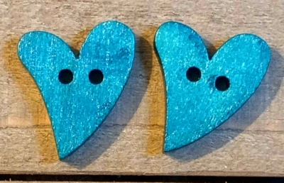 2 Blue Heart Sewing Buttons Crafting Flat Wood 2 Hole  3/4"  - Image 1 of 2