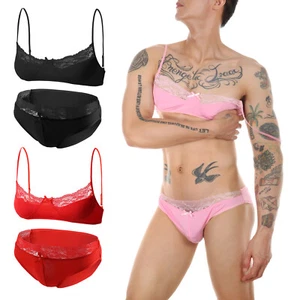 Set of Men Bra Panties Sexy Briefs Underwear Lingerie Tops Underpants Sissy - Picture 1 of 12