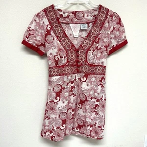 Rara camicetta Lulumari Henley cravatta boho ricamata floreale zip M festa rosso cinese - Foto 1 di 10