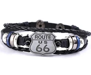 Bracelet ROUTE 66 - Cuir PU tressé avec médaillon Acier - NEUF - Imagen 1 de 3
