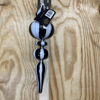 Robert Stanley Hand Blown Glass Finial Christmas Ornament Black White, 11" NWT