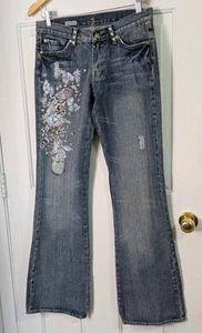 Neu mit Etikett 7 For All Mankind Zac Posen Jeans 28 ausgestellt bestickt niedriger Bund distressed - Bild 1 von 14