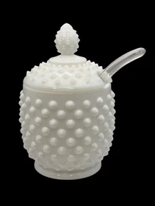 Fenton Hobnail Milk Glass Jam Jar Set With Lid Vintage 1950s-60s - Picture 1 of 4