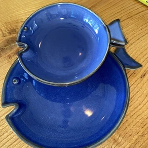 Fischform Kobaltblau 3xTeller L 10,75" Keramik Pottery Italy - Bild 1 von 6