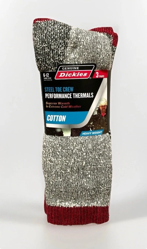Dickies Cotton Heavy Thermal Crew Socks 3-Pair Steel Toe RED/GRAY Size 6-12