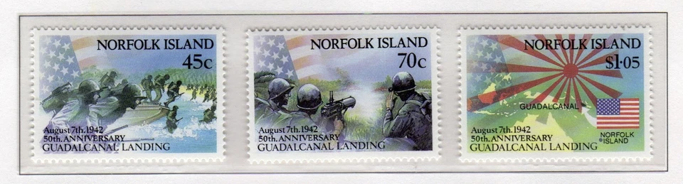 Estampillas del 50 aniversario de Guadalcanal de la Segunda Guerra Mundial de la Isla Norfolk 1992 MNH Foto 1 de 1