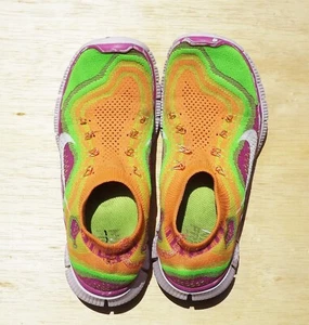 Size 8 Nike Women Free Flyknit+ 5.0 Slip On Sneakers, Atomic Pink/White/ Green - Picture 1 of 10