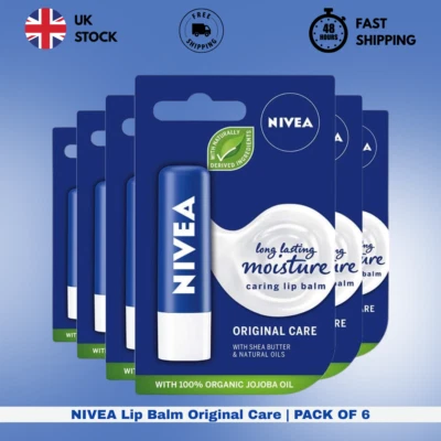 6 X NIVEA Original Care Lip Balm Long Lasting 24H+ Moisturising Lip Balm 4.8g
