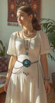 Donna Metallo Argento Catena Timeless Cintura Blu Turchese Perline Fiore Charm M - Immagine 1 di 4