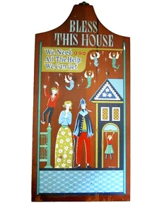 Vtg Berggren Painted Scandinavian Plaque Wood Board Bless House Funny Wall Hang - Picture 1 of 6