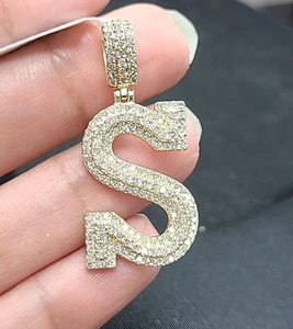 10K Yellow Gold 1.10CT Genuine Diamond Initial Letter 'S' Charm Pendant 1.5" - Picture 1 of 11