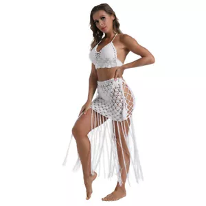 Costume da bagno donna all'uncinetto a mano spiaggia push up bikini reggicalze bohe frange gonna lunga - Foto 1 di 13