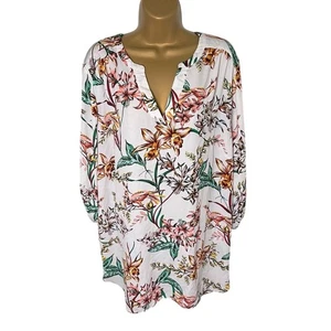 Worthington Damen Blumen Bluse Schlitz Ausschnitt Tunika leicht weiß 3X - Bild 1 von 5