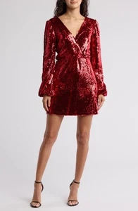 NEW WAYF Red CARRIE Balloon LONG SLEEVE Sequin COCKTAIL Mini DRESS S - Picture 1 of 13