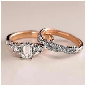 4.50 CT Emerald Cut Created Diamond Wedding Bridal Ring Set 14k Rose Gold Plated - Picture 1 of 3