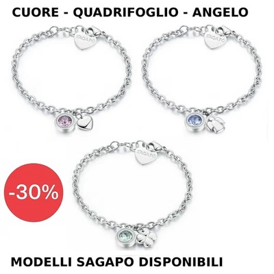 Bracciale Donna Sagapo Lucky Light Acciaio Cuore Quadrifoglio Angelo e Zircone - Immagine 1 di 2