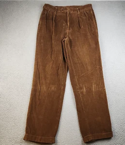 VTG Harold Powell Corduroy Pants Mens 34x33 Brown Pleated Leg Cuffed Faded - Picture 1 of 11