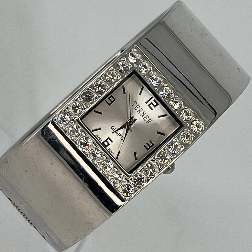 Relógio feminino TERNER pulseira punho tom prata strass acento NOVA BATERIA FUNCIONA! - Imagem 1 de 4