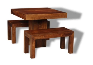 SOLID MANGO WOOD DAKOTA 90CM CUBE DINING TABLE & 2 SMALL BENCHES NEW FURNITURE - Picture 1 of 1