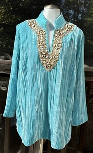 Soft Surroundings Gorgeous Blue Crushed Velvet Beaded Tunic Top SZ XL - Picture 1 of 17