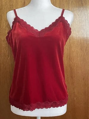 Camiseta sin mangas Coldwater Creek roja de terciopelo con ribete de encaje talla mediana VACACIONES Foto 1 de 4