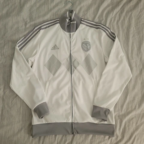 NWT Adidas Sporting Kansas City SKC White Silver Argyle Jacket Medium MLS Soccer Cover
