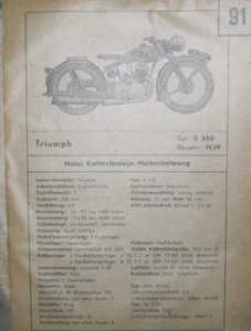* Triumph B 350 1939 Datenblatt Typenblatt Wartung Pflegedienst - Imagen 1 de 1