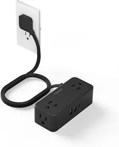 5 Ft Black Extension Cord with 4 AC Outlets and 3 USB Ports, Flat Plug - Picture 1 of 12