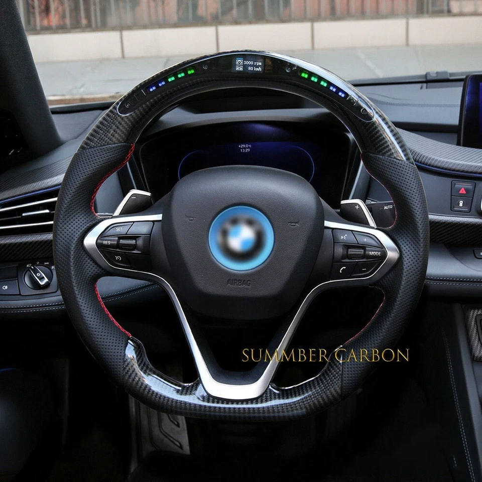 Volante de fibra de carbono real LED RPM compatível com BMW I8 2014-2024 - Imagem 1 de 4