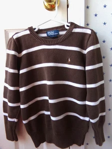Ralph Lauren Striped Sweater 7 Boys $85 Earthy Brown POLO 100% Cotton White Vtg - Picture 1 of 23