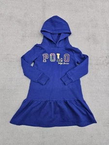 Polo Ralph Lauren Logo Fleece Hoodie Dress Girls S/7 Blue Long Sleeve - Picture 1 of 8