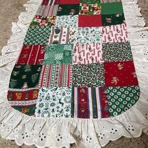Handmade Vintage Quilt Square Christmas Table Runner W/Ruffle Border 56” X 18” - Picture 1 of 13