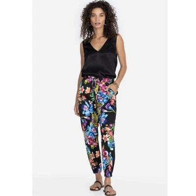 Johnny Was Aruba Genevieve Jogger Pants M Silk Black Floral Iris Maximalist Luxe - Image 1 of 4