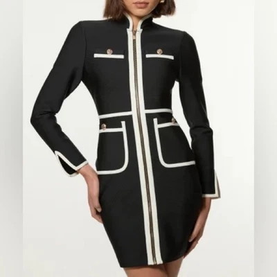 Karen Millen Figure Form Bandage Knit Piping Detail Military Dress NEW Large - Image 1 of 4