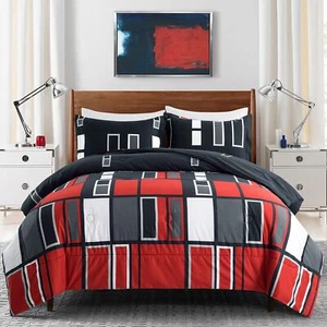 Black Gray Red Plaid Microfiber Comforter Set Twin Size 2 Pieces 1 Sham - Picture 1 of 7