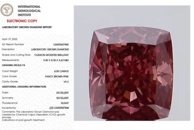 4.08 Cushion Modified Lab Grown Diamond For Ring IGI Fancy Brown Pink VS2 - Image 1 of 4