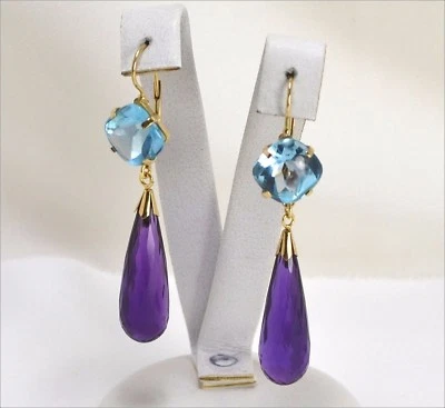 Pendientes de Oro Amarillo 18KT Con Topacio Azul Y Pendante De Amatista Oght - Imagen 1 de 3