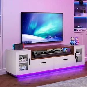 Modern TV Stand for 75 inch TV Entertainment Center w/ Power Outlet & LED Lights - Picture 1 of 15
