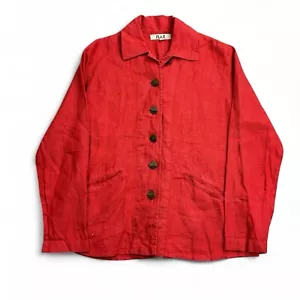 Giacca Camicia Lino Donna Petite Rosso 100% Lino Tessuto Manica Lunga Bottone Frontale - Foto 1 di 10