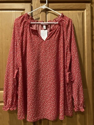 Ingrid & Isabel Maternity XL Tiny Red Floral Pullover Blouse V Neck Ruffle Tunic - Image 1 of 4