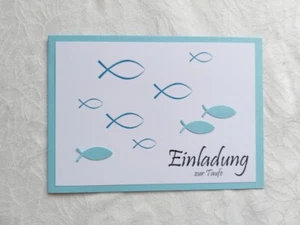 5x Einladung zur Taufe hellblaue Doppelkarten mit bunten Fischen + Umschlag - Bild 1 von 3