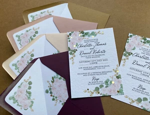 Luxury WEDDING INVITATIONS eucalyptus leaves blush pink rose cards sage foliage - Picture 1 of 16