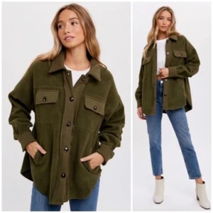 Olive Green Button Front Fleece Jacket W/ Elbow Patches & Pockets Winter Shacket - Picture 1 of 6