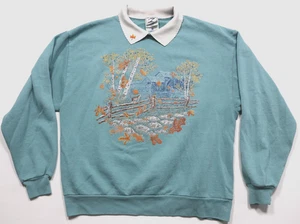 Vintage 90s WhimZ Teal Fall Graphic Sweatshirt Lace Collar Grandma Cottagecore - Bild 1 von 12