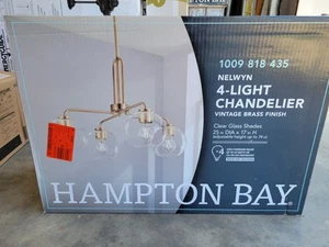 New Hampton Bay Nelwyn 25" 4-Light Vintage Brass Chandelier Clear Glass Shades - Picture 1 of 6