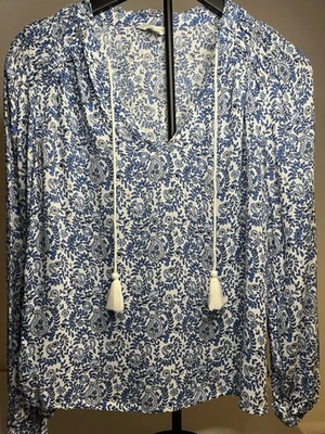 Blusa boho para mujer Lucky Brand Campesina Top azul y blanco cachemira talla mediana Foto 1 de 4