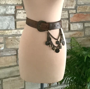 Vintage Perry Ellis Leather Treasure Chest Lucky Charms Multi Hip Chains Belt S - Picture 1 of 21